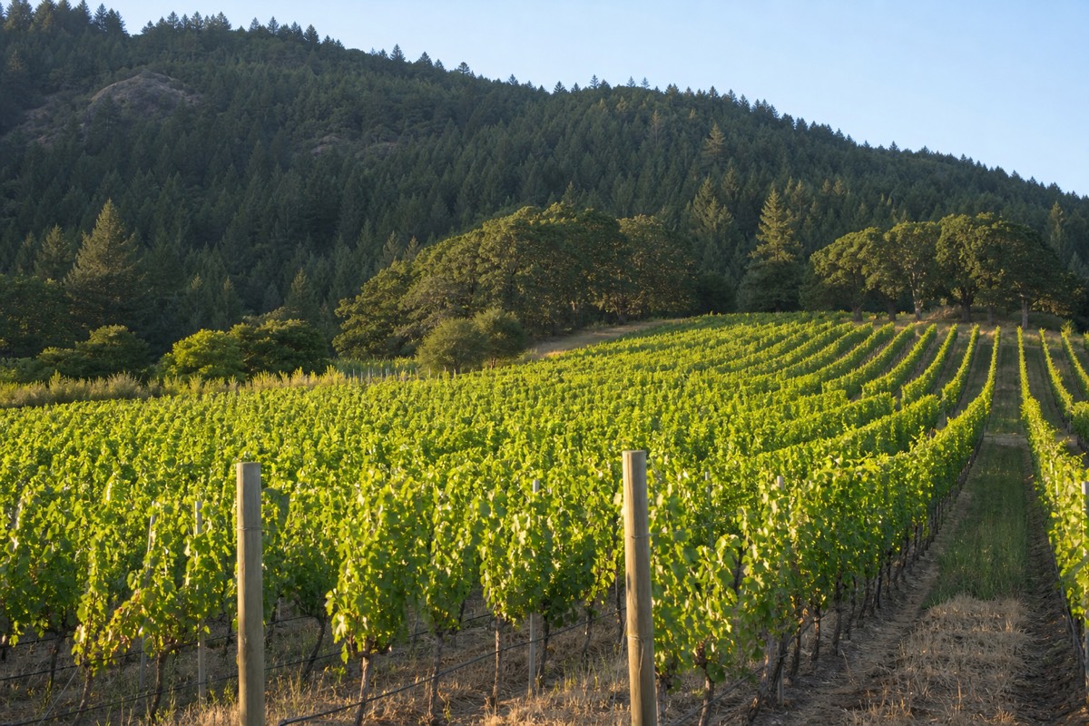 Neat rows of grapevines running toward low green hills in the Cowichan Valley on a mild sunny afternoon