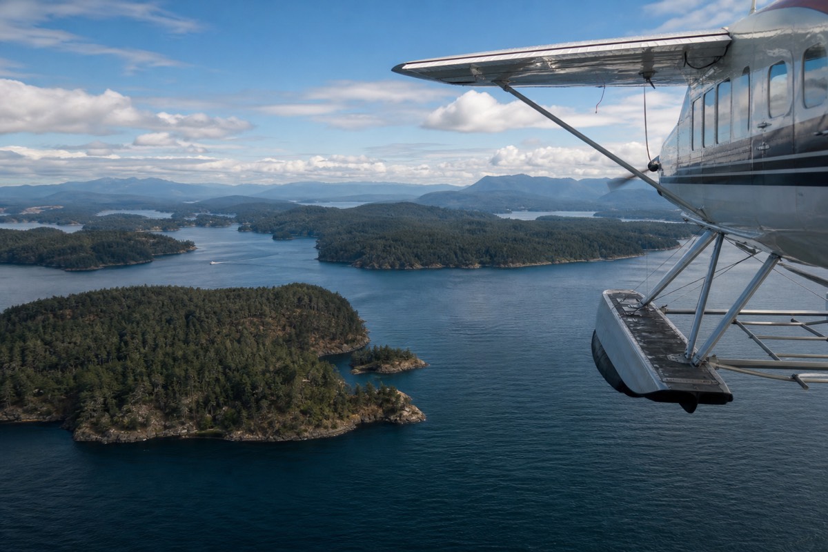 A floatplane over the Gulf Islands between Vancouver and Victoria