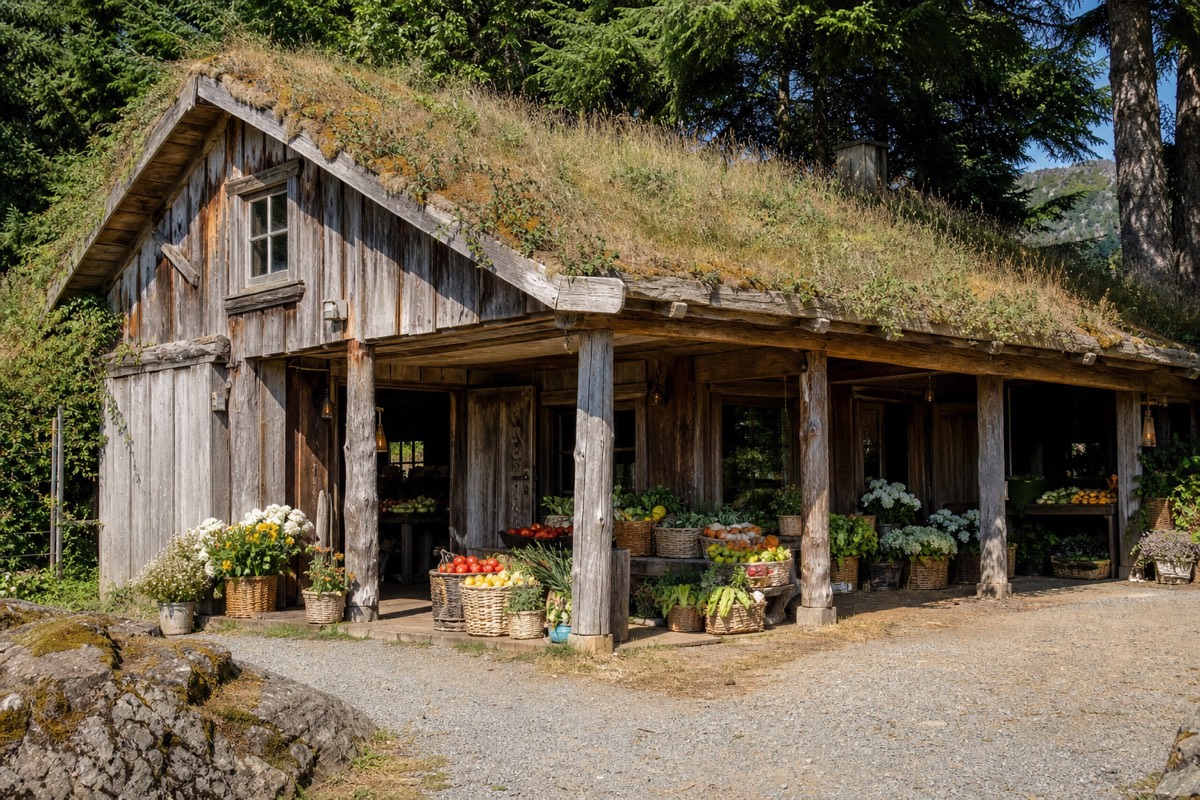 Goats grazing on the living grass roof of the Old Country Market at Coombs on central Vancouver Island, with shoppers browsing below