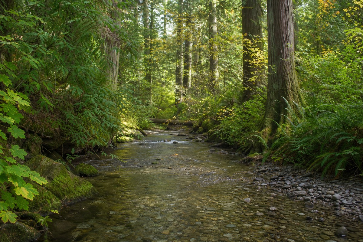 The Goldstream River flowing through mossy old-growth forest in Goldstream Provincial Park near Victoria on Vancouver Island