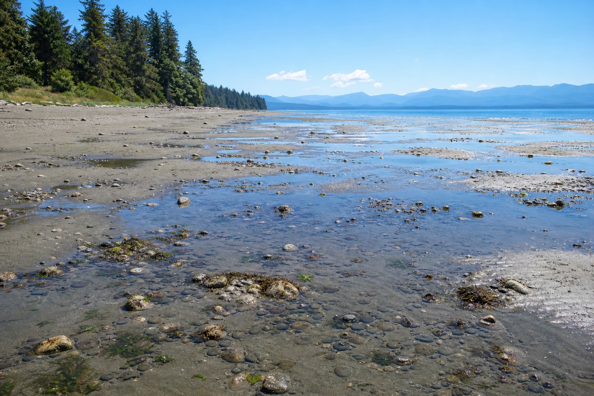 Children playing on the wide sand flats at Rathtrevor Beach near Parksville on Vancouver Island at low tide, with warm shallow water and forest behind