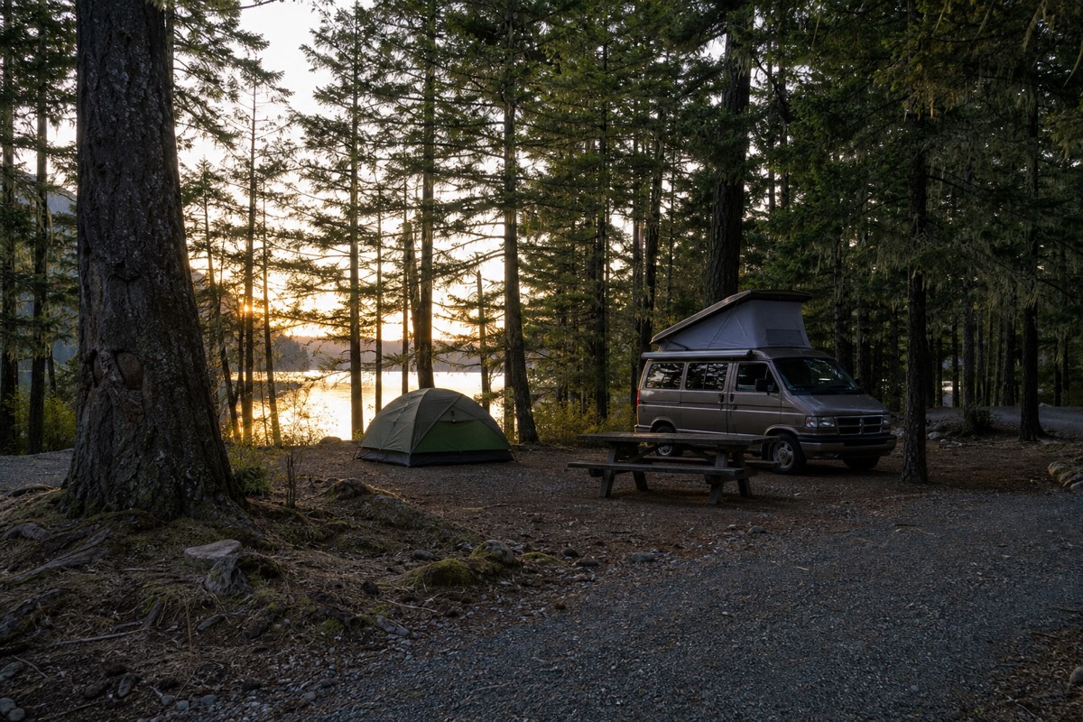 A forest campsite on Vancouver Island