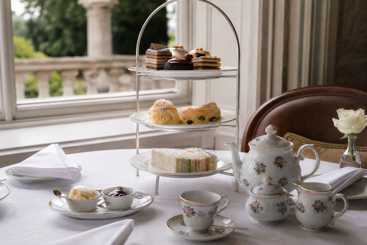 A three tier afternoon tea stand with finger sandwiches, scones and pastries set by a bright window in Victoria BC